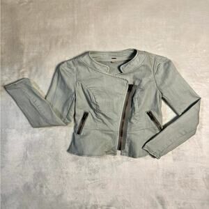 Free People Moto Peplum Asymmetrical Denim Jacket Women's 4 Light Blue Thrashed